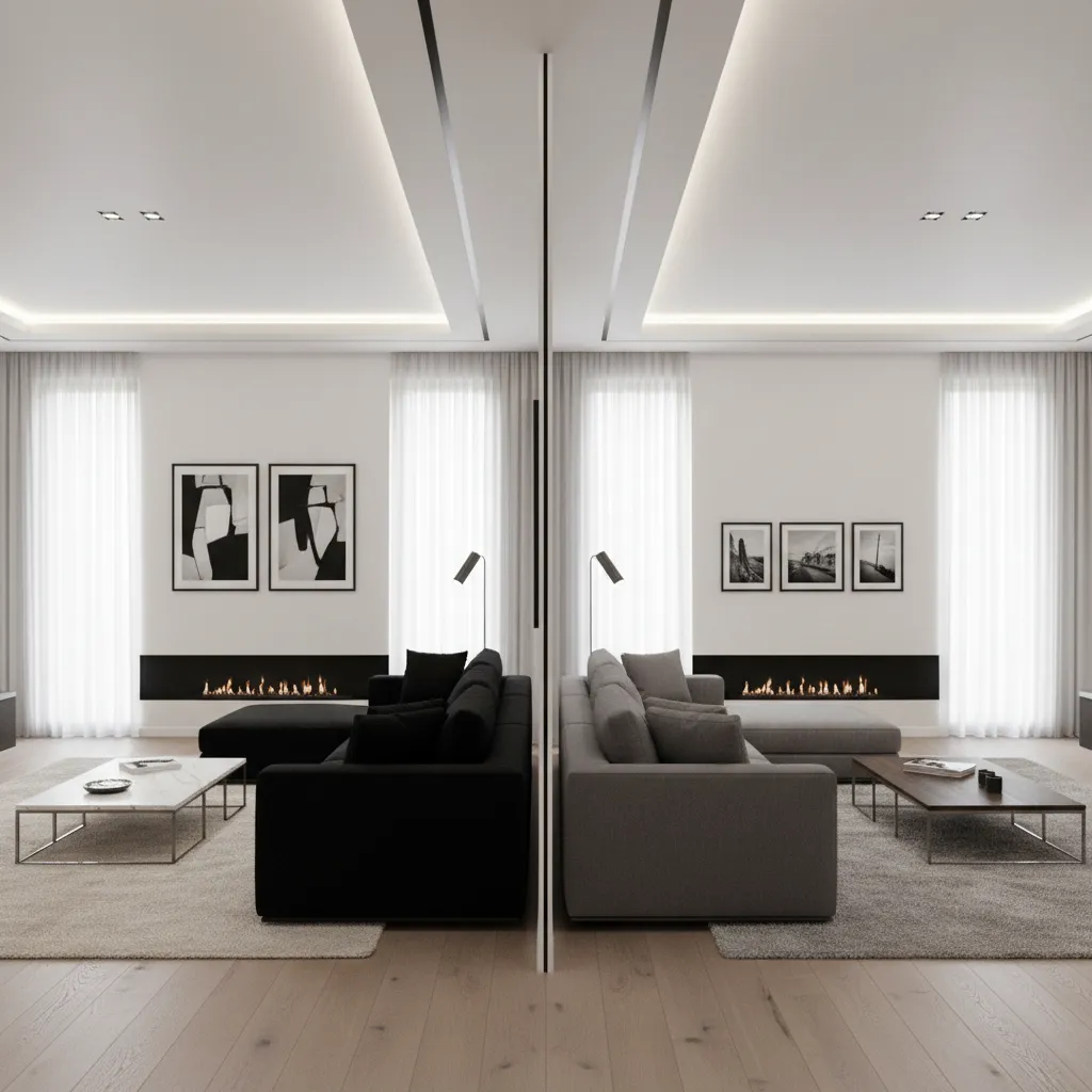 Side by side living room comparison with black sofa and gray sofa