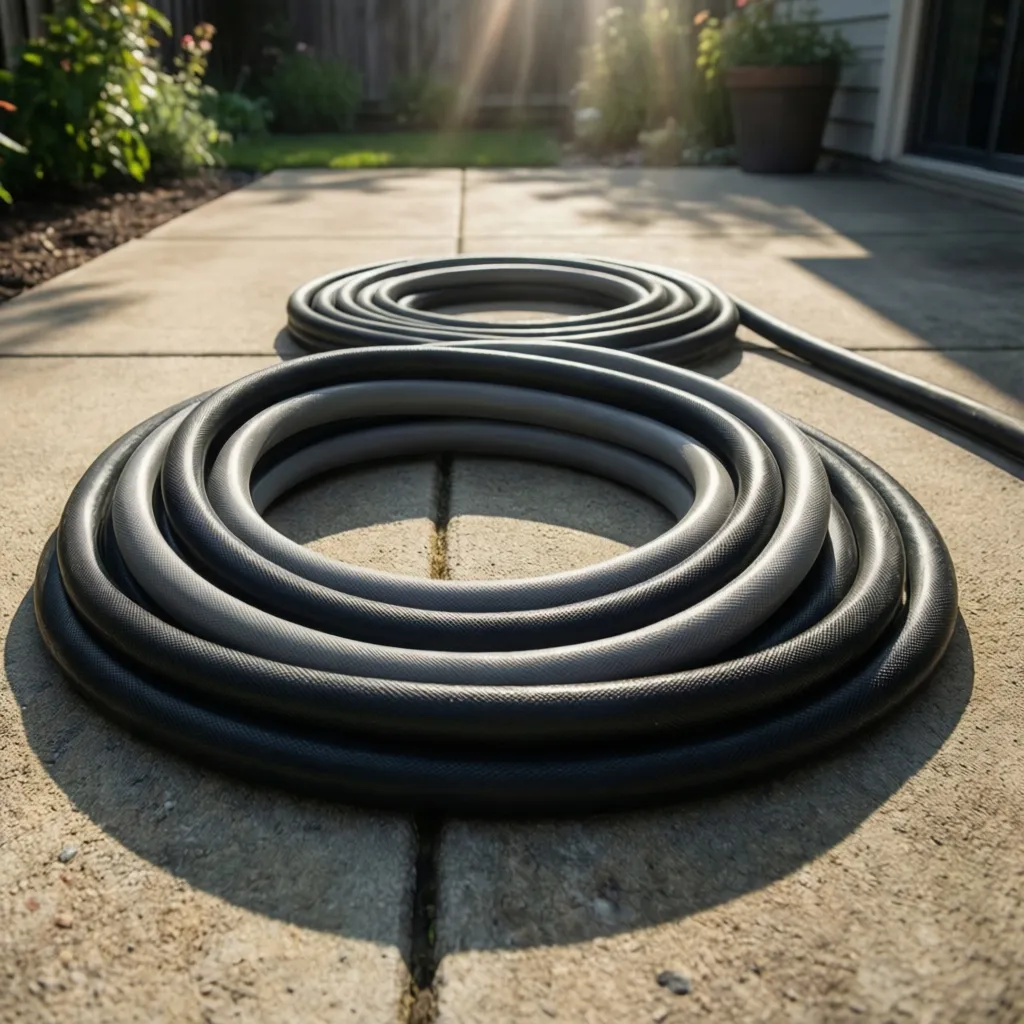 Black and grey garden hoses lying in direct sunlight on concrete