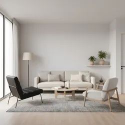 Minimalist living room with beige sofa black chair white chair wooden coffee table floor lamp