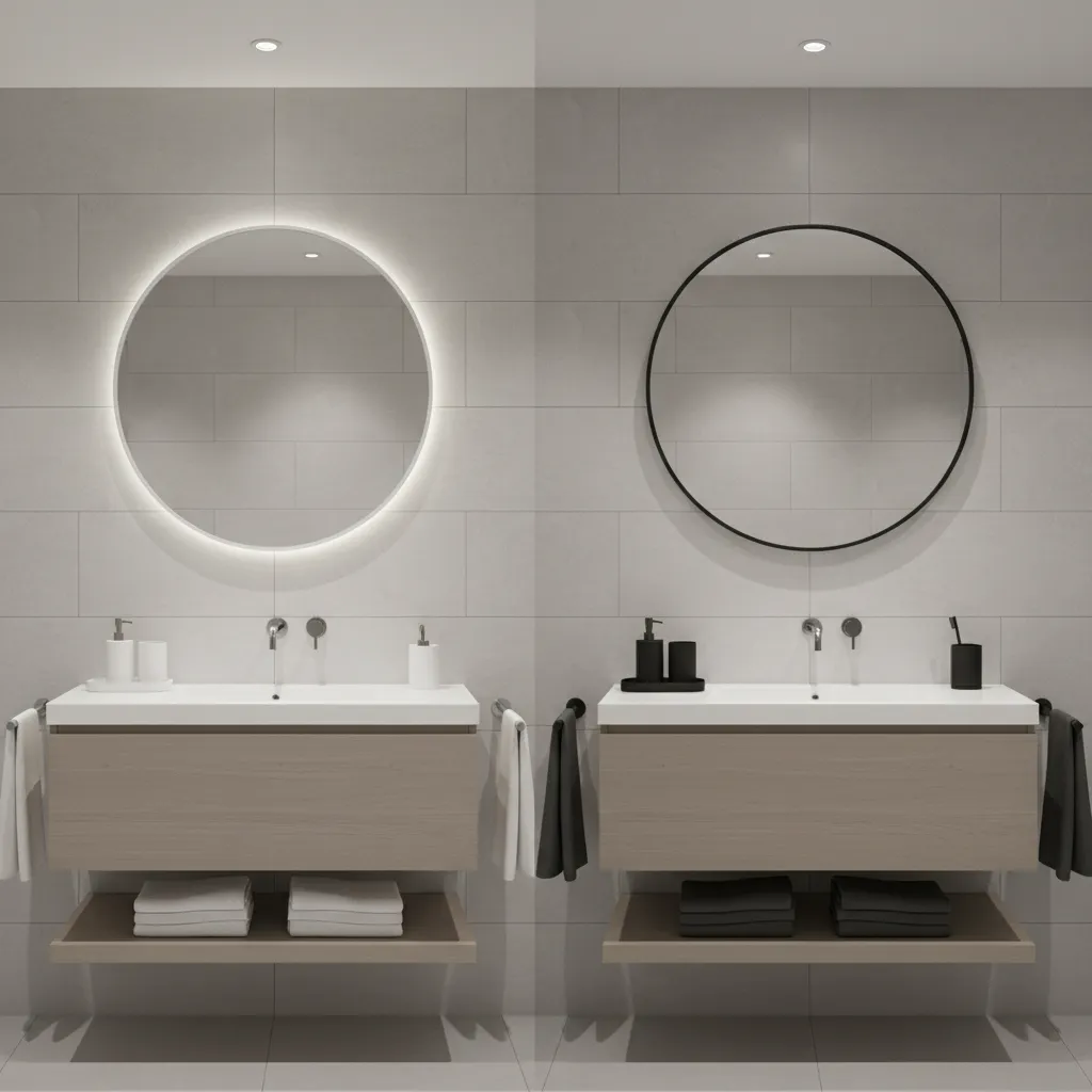 comparison of white and matte black accessories in grey bathroom