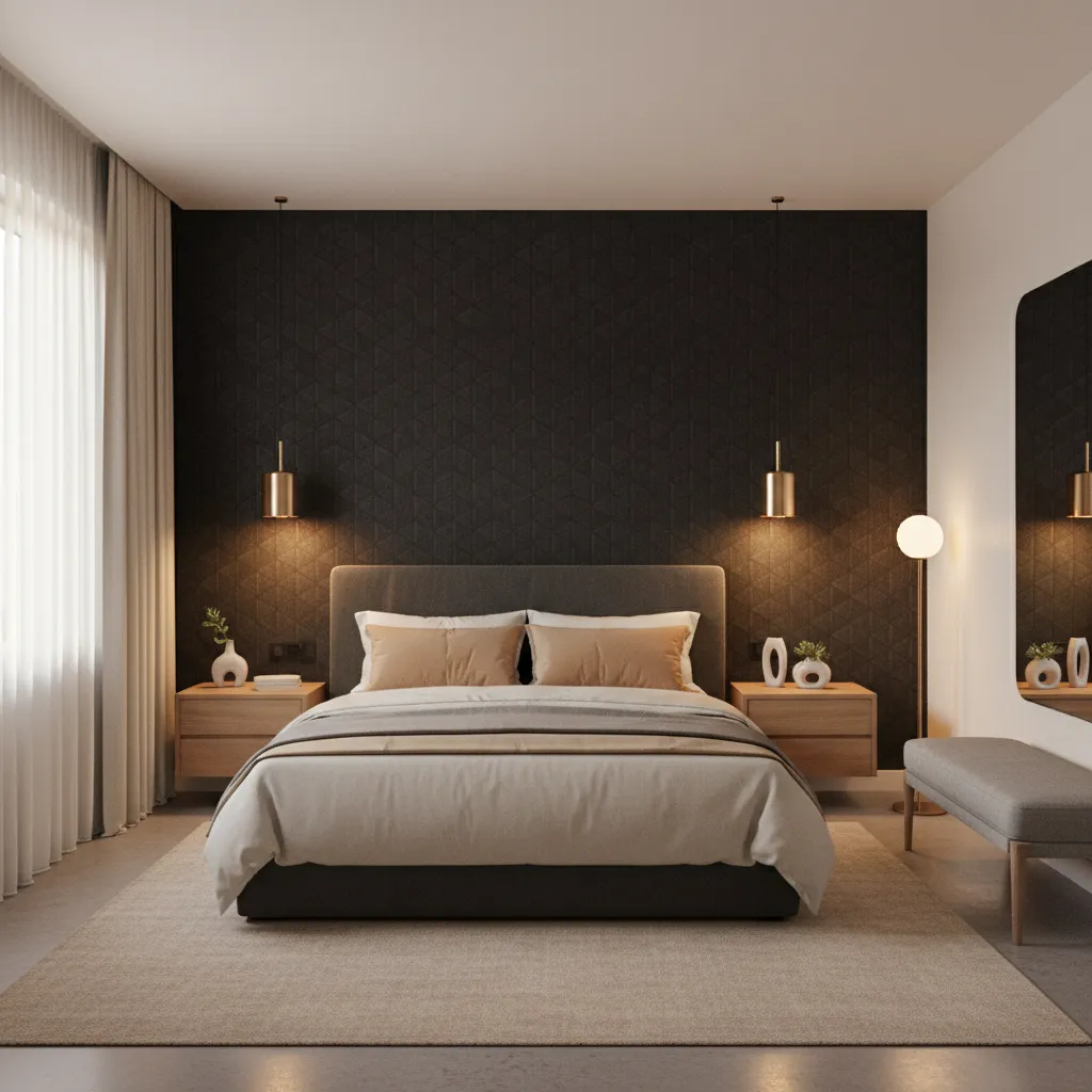 Small bedroom with black wallpaper feature wall behind bed