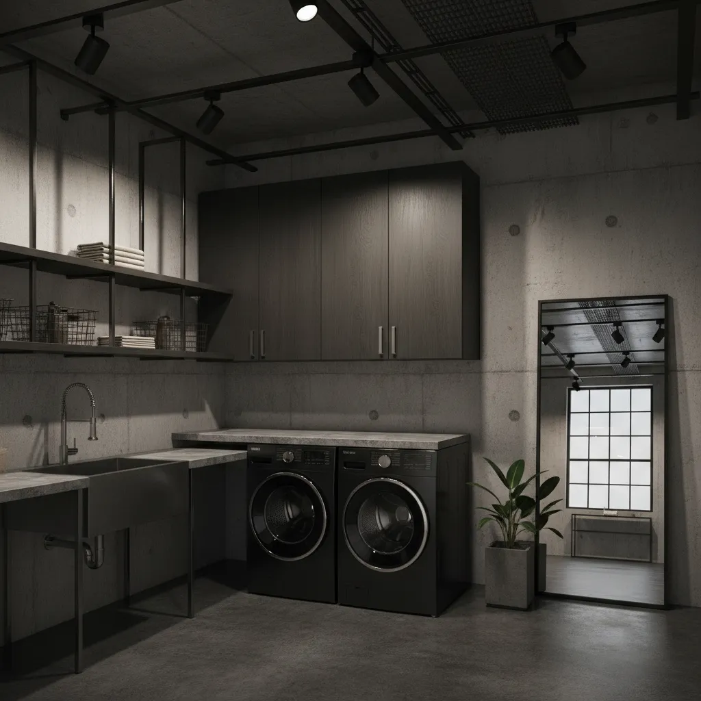 Industrial style laundry room with black washer and dryer