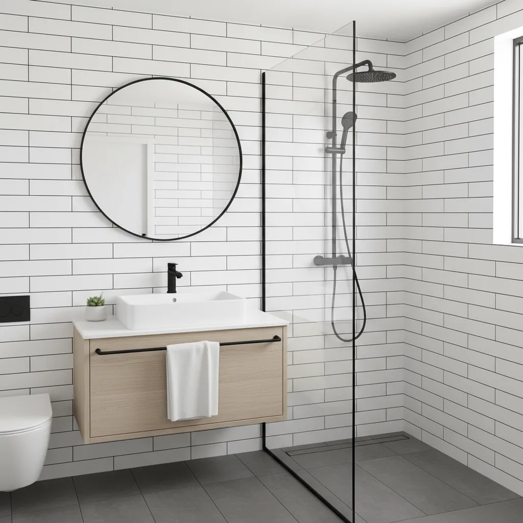 Bathroom interior showing subway tile walls with black grout and black fixtures