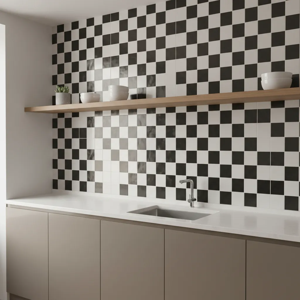 Checkerboard black and white wall tile pattern in a kitchen