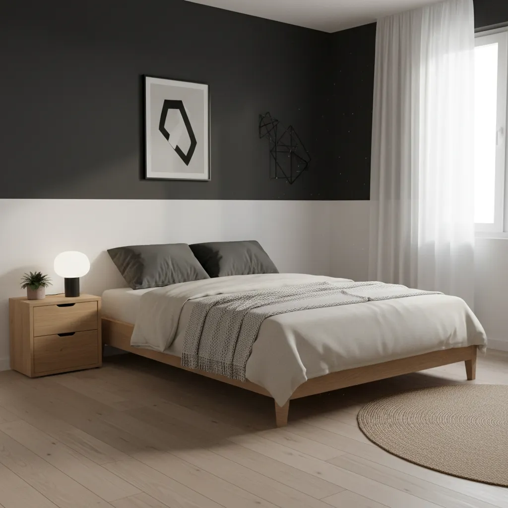 Bedroom with half black half white painted wall design