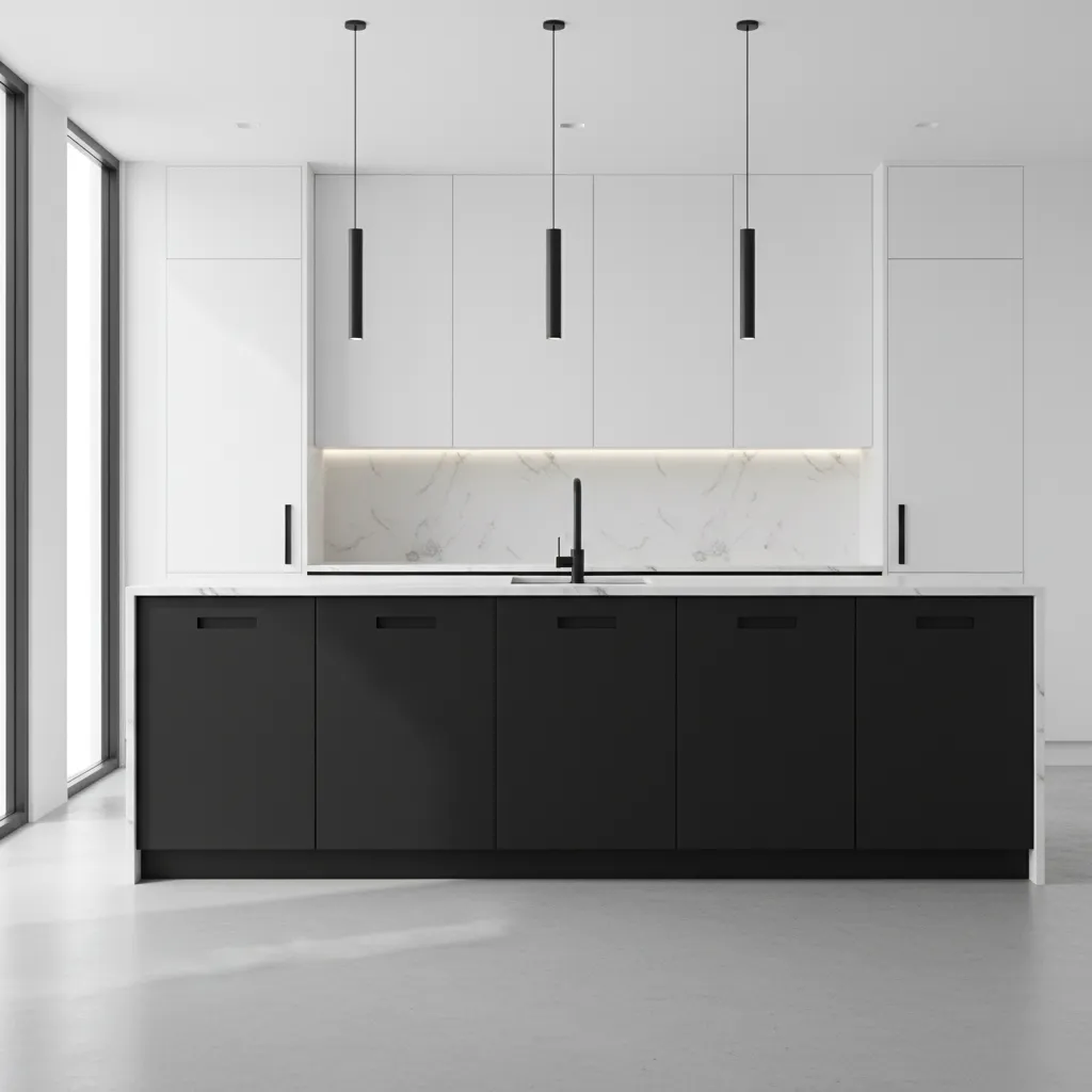 modern black and white kitchen with contrasting cabinets and marble backsplash