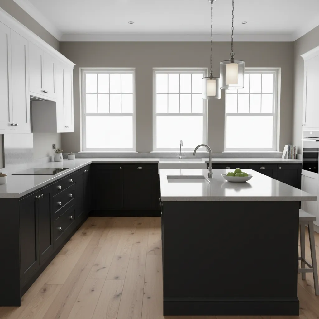 Black and white kitchen with warm neutral wall paint and natural light