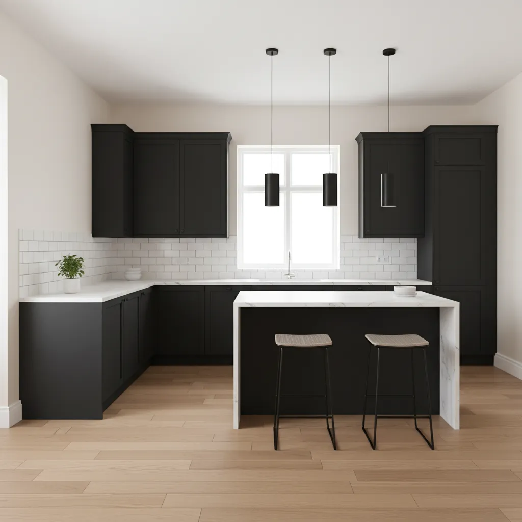 Black and white kitchen with warm white walls and natural lighting