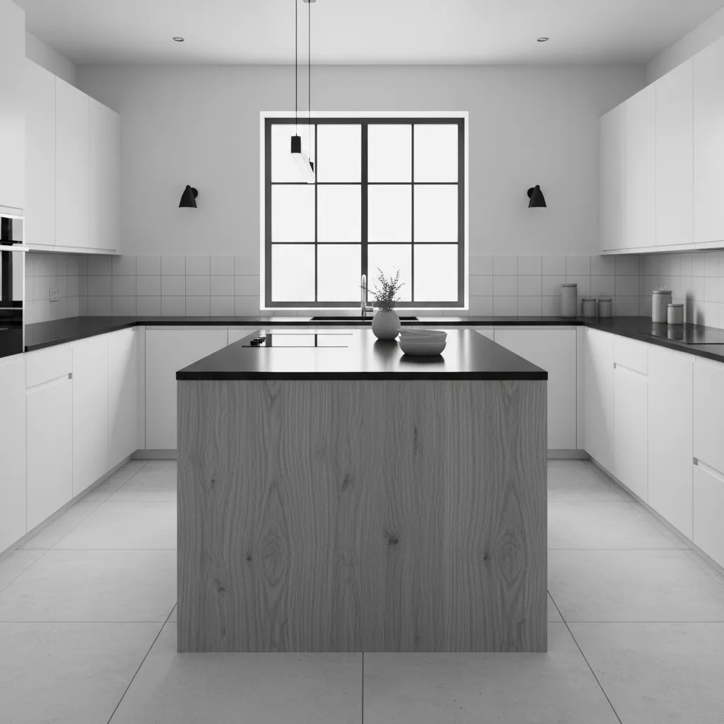 black and white kitchen with warm wood island accents