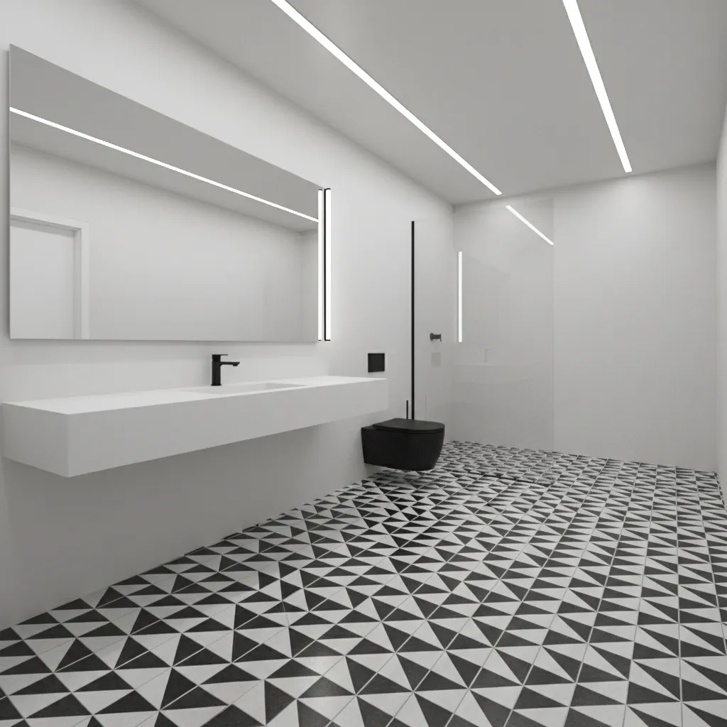 Black and white patterned tile floor in a minimalist bathroom