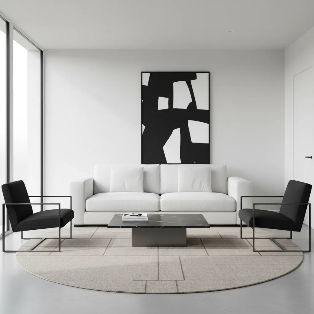 White sofa with black wall art between two black chairs on a large round rug