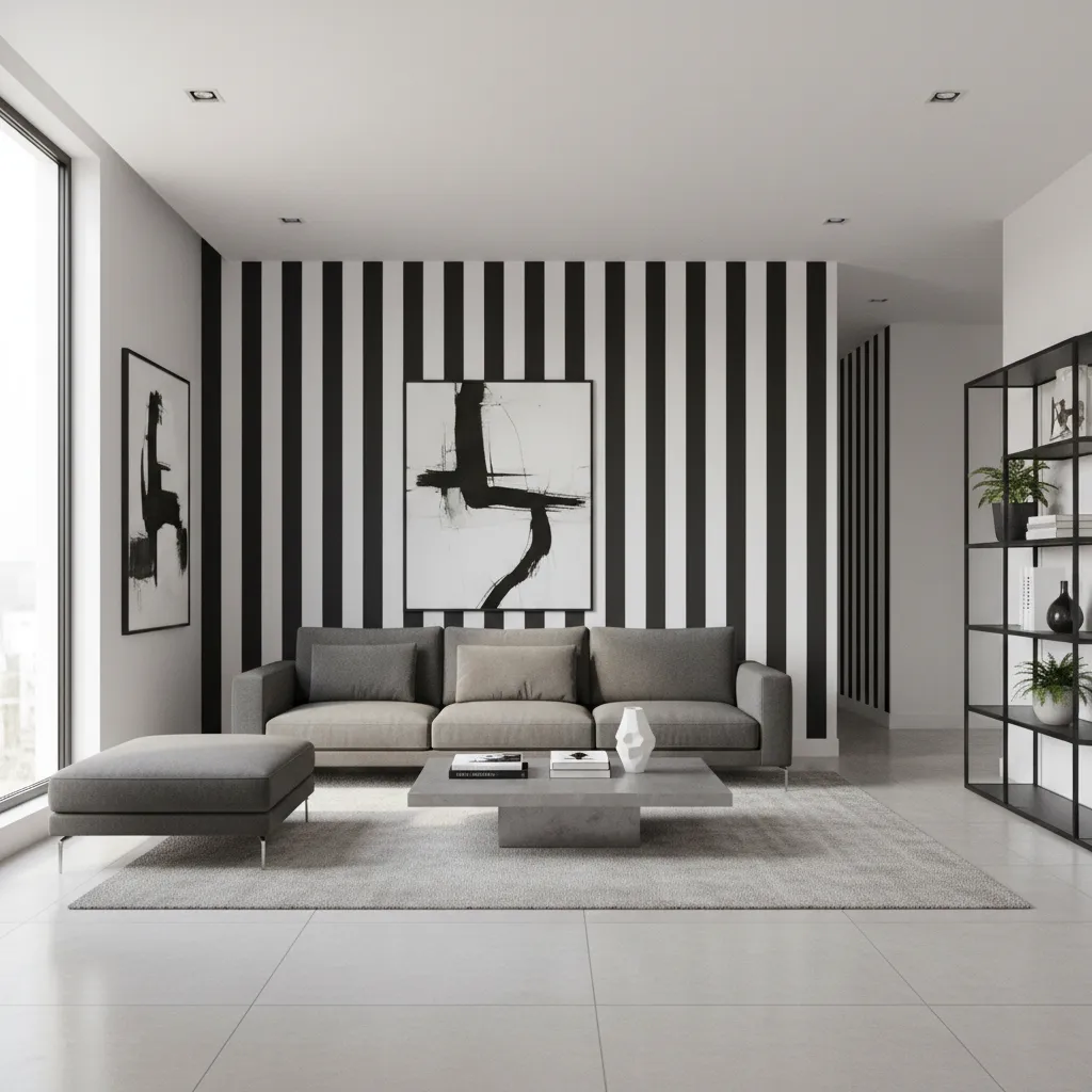Vertical black and white striped feature wall in modern interior