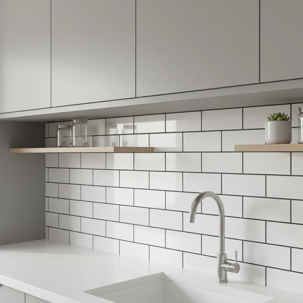 Kitchen backsplash with white subway tiles and black grout