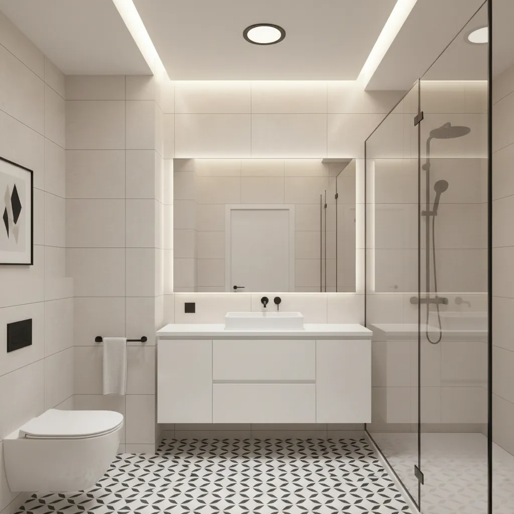 black and white patterned tile floor with white vanity