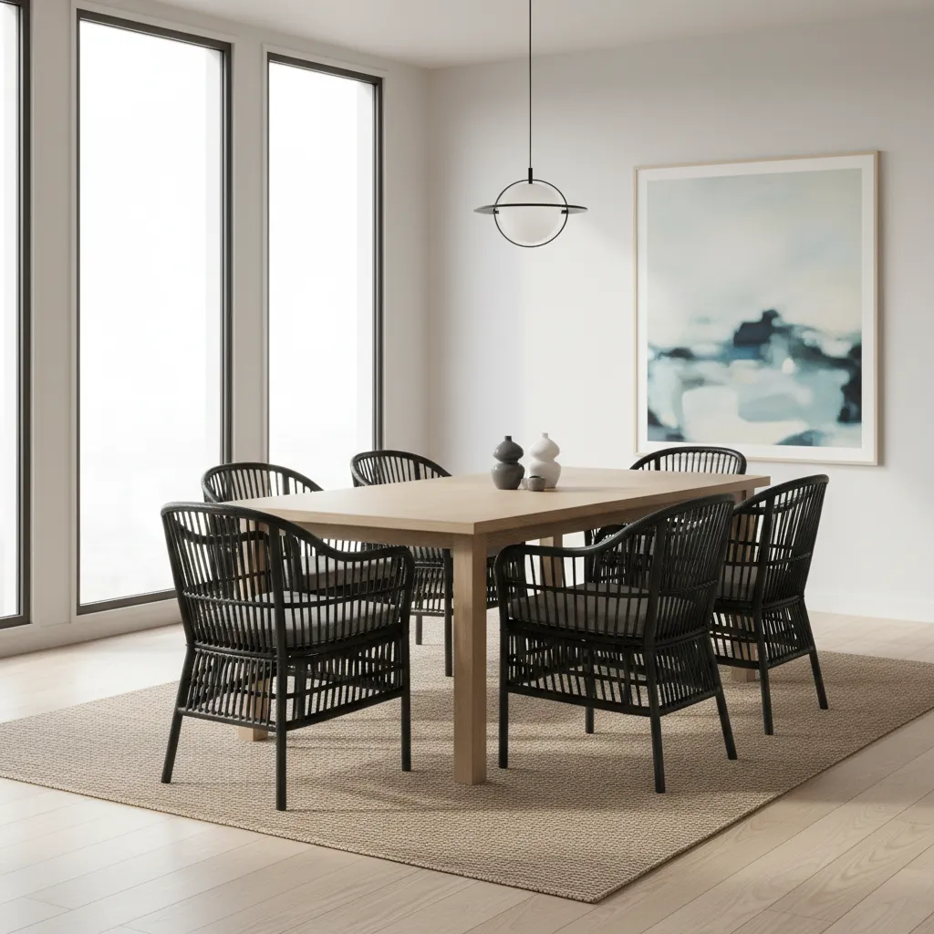 Black wicker dining chairs arranged around a dining table in a bright modern dining room