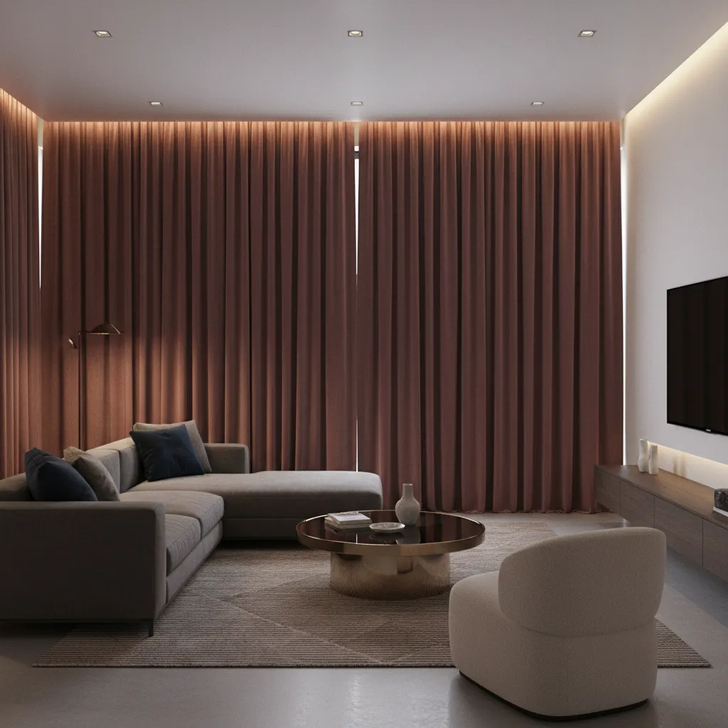 Living room with burgundy blackout curtains blocking sunlight