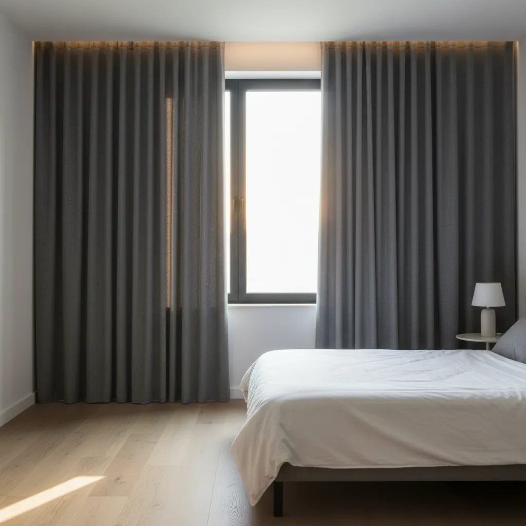 Bedroom window with blackout curtains where sunlight leaks through the sides