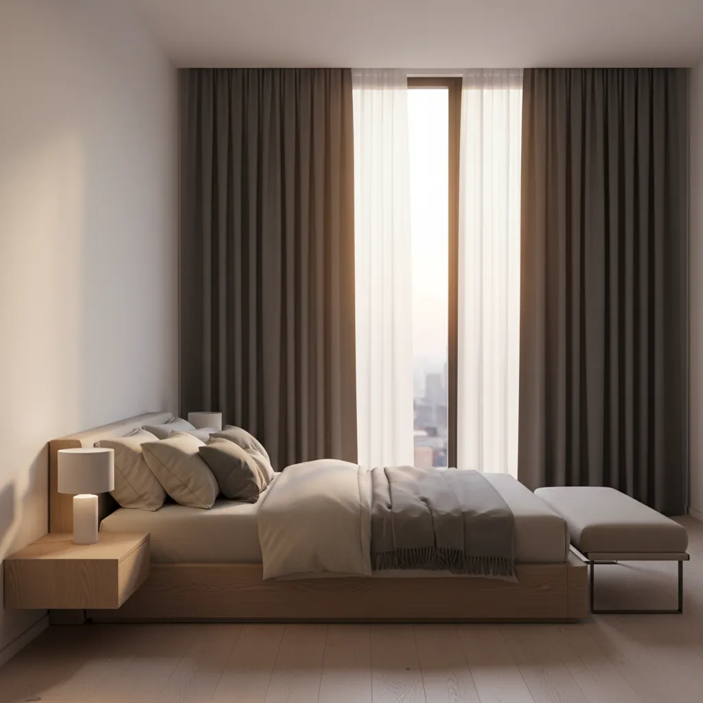 bedroom window with blackout curtains partially blocking sunlight