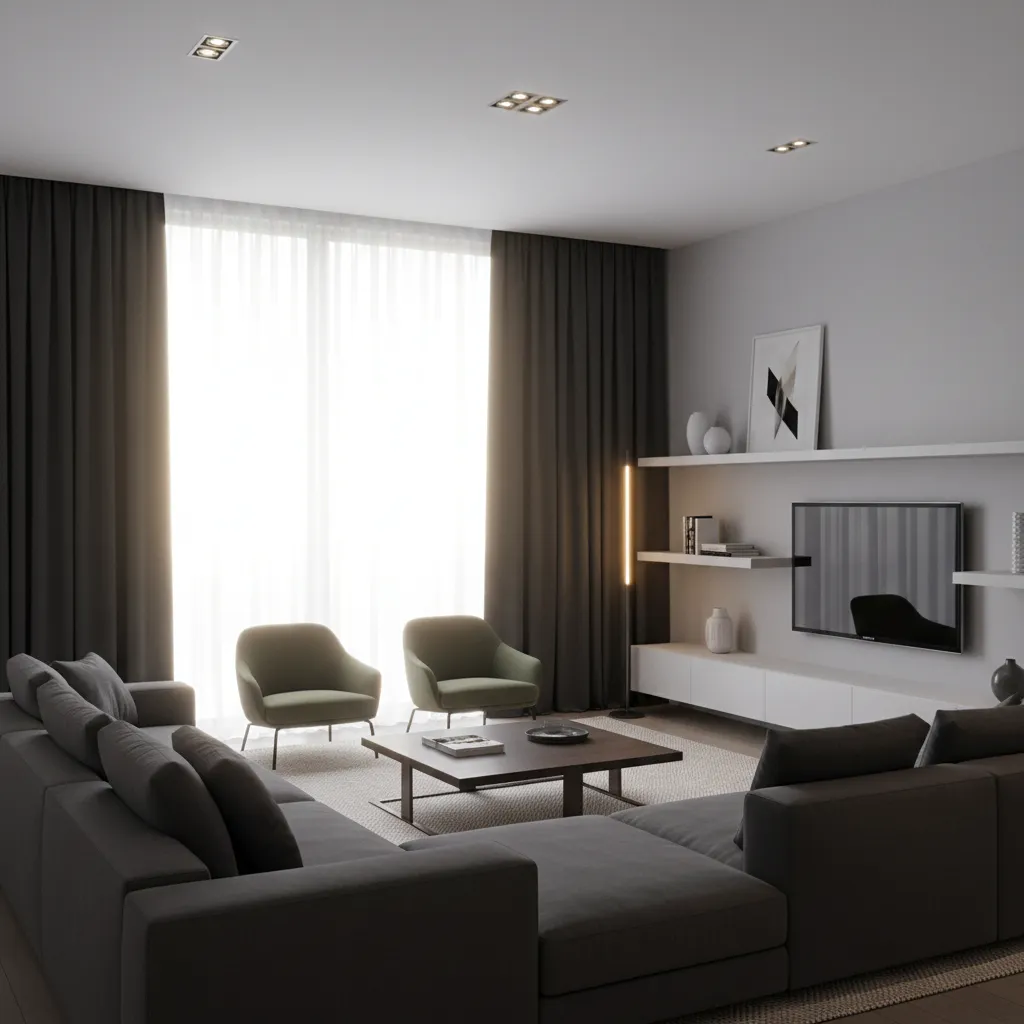 Living room with dark blackout curtains blocking sunlight
