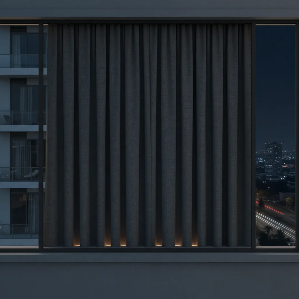 Bedroom window with blackout curtains preventing indoor light visibility at night