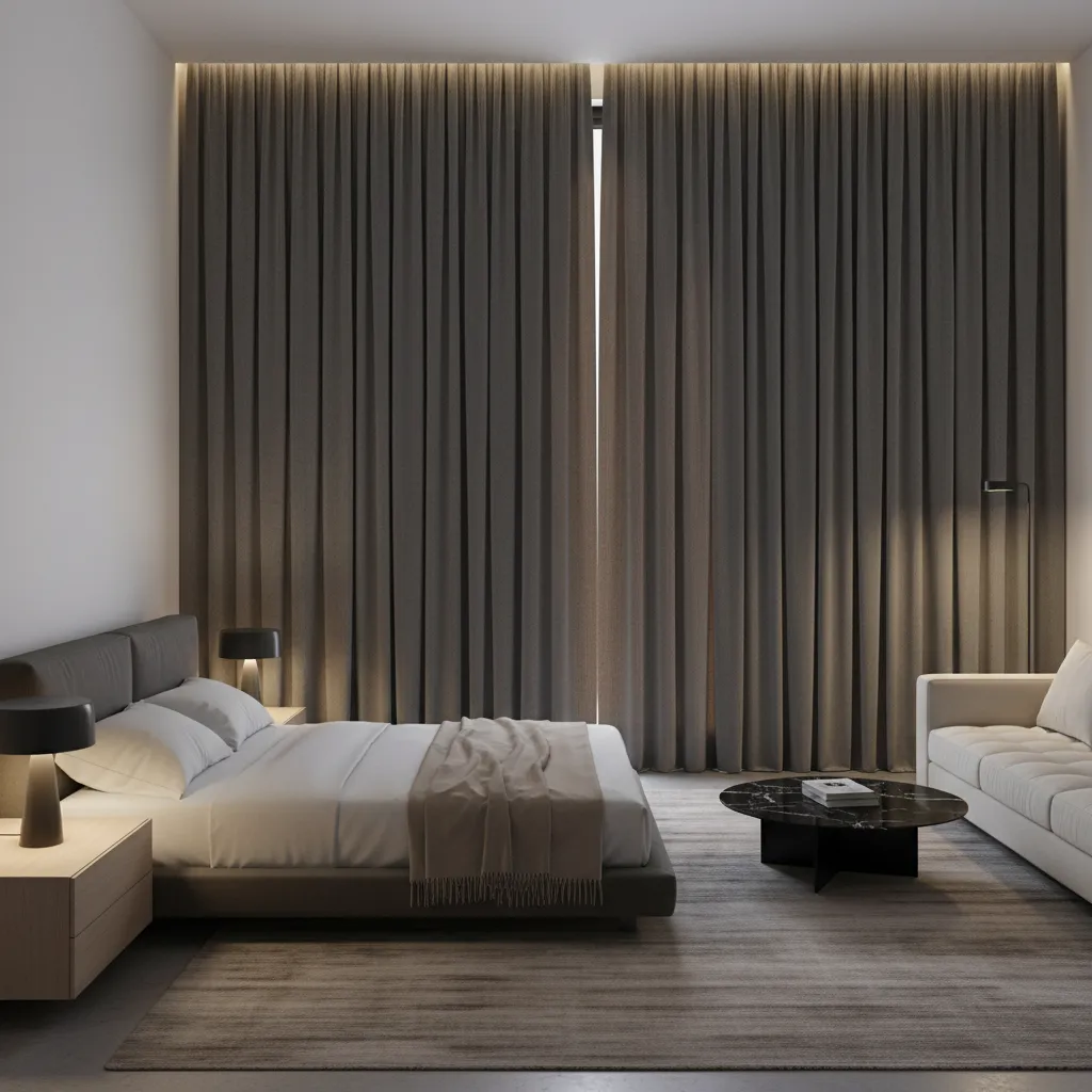 Blackout curtains fully covering window preventing interior light visibility