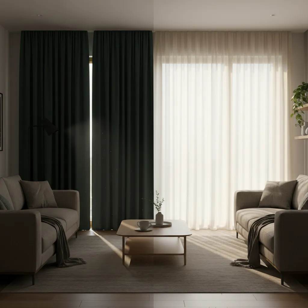 Comparison of blackout and light filtering dark green curtains in living room
