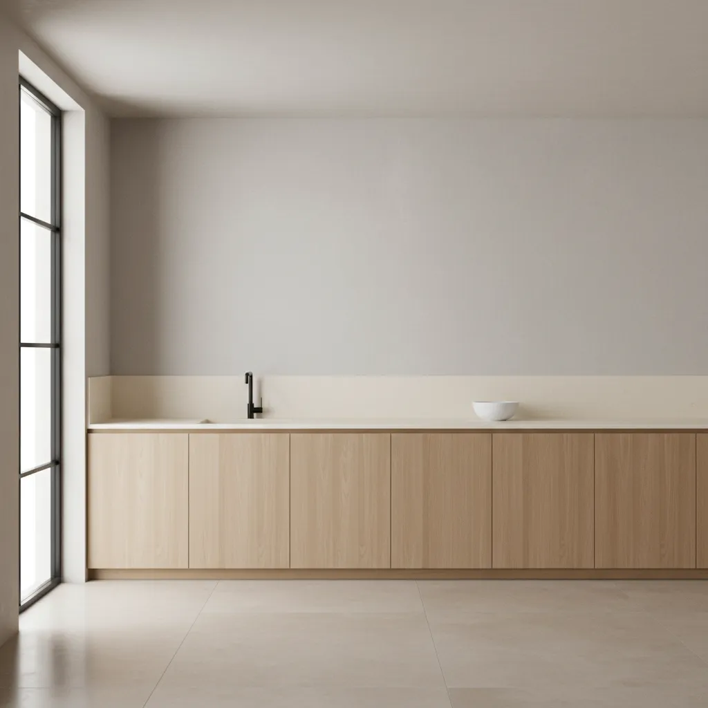 Minimalist kitchen area with long wooden cabinets, a black faucet, white bowl, and large windows