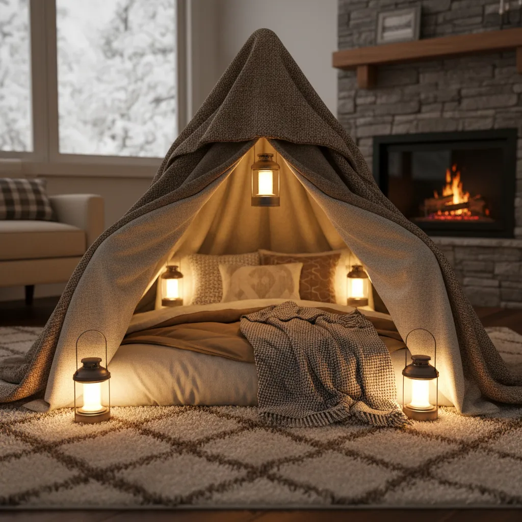 small enclosed sleeping area made with blankets to trap body heat