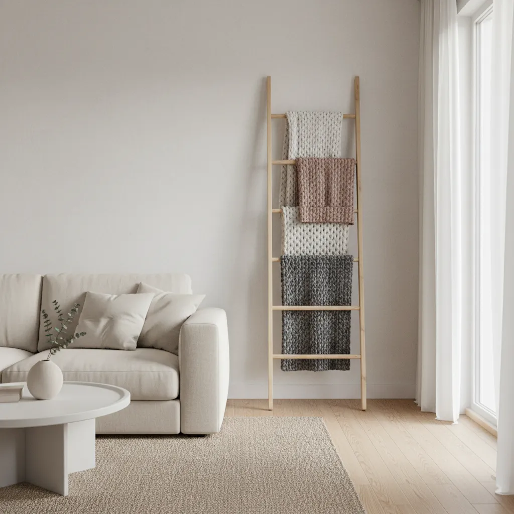 wooden blanket ladder displaying layered throw blankets