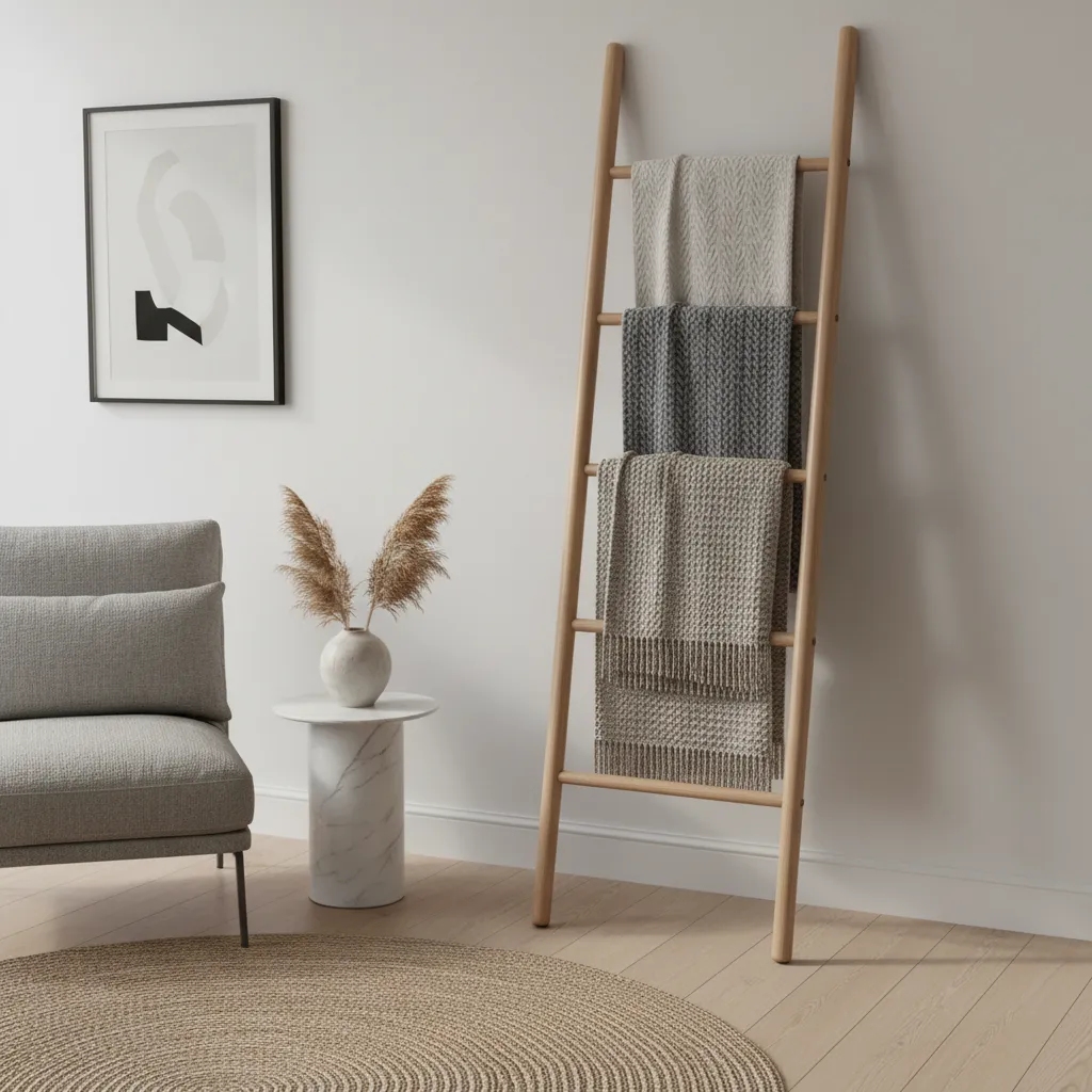Wooden blanket ladder displaying layered throws in a modern living room
