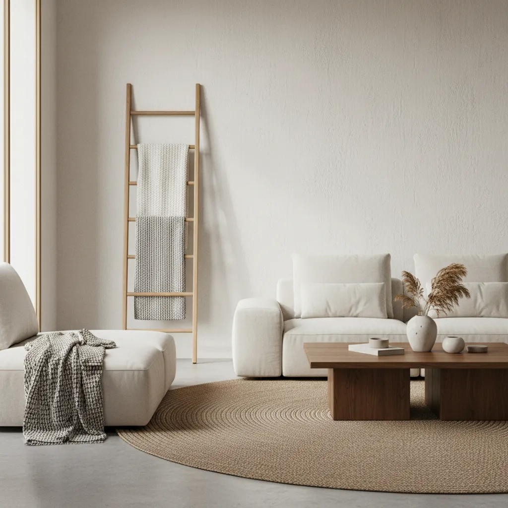 Wooden blanket ladder with neatly draped throws beside a living room sofa