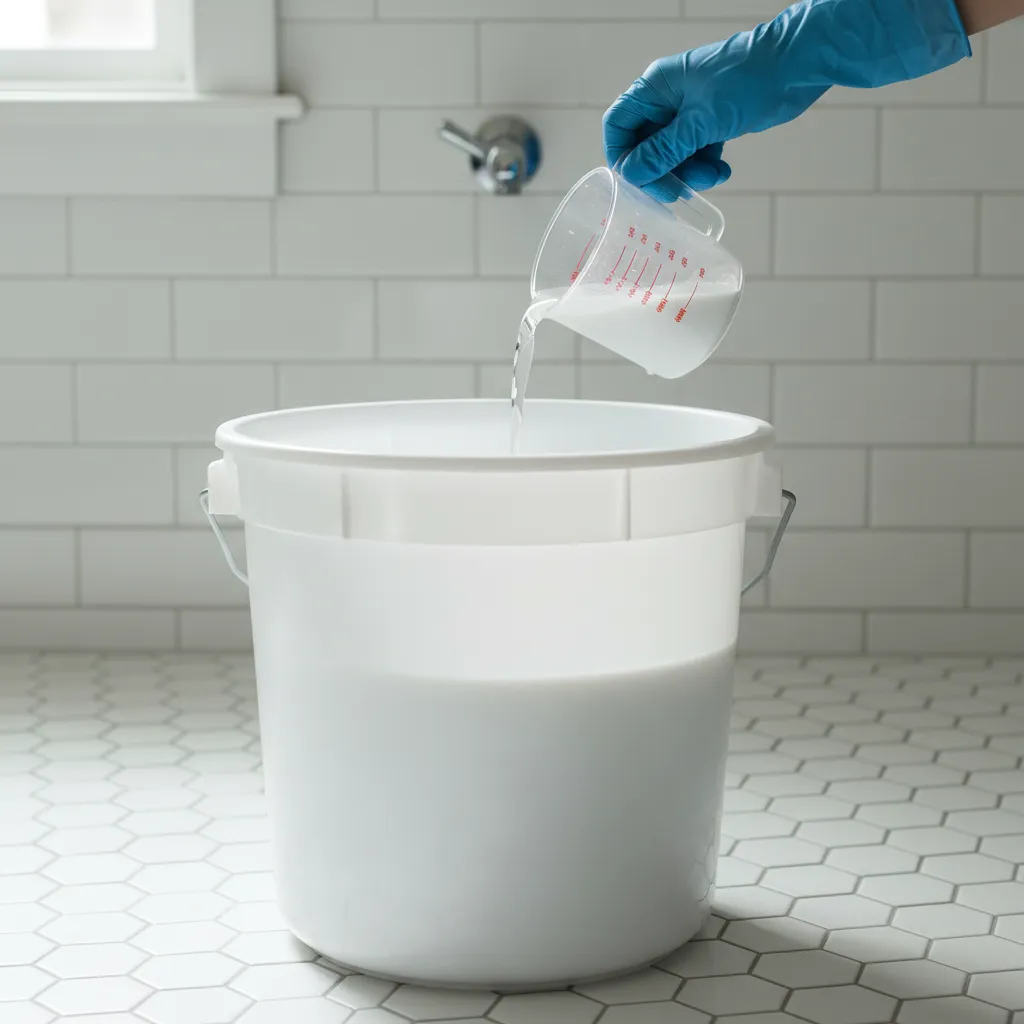 Person disinfecting plastic bathroom bucket using diluted bleach