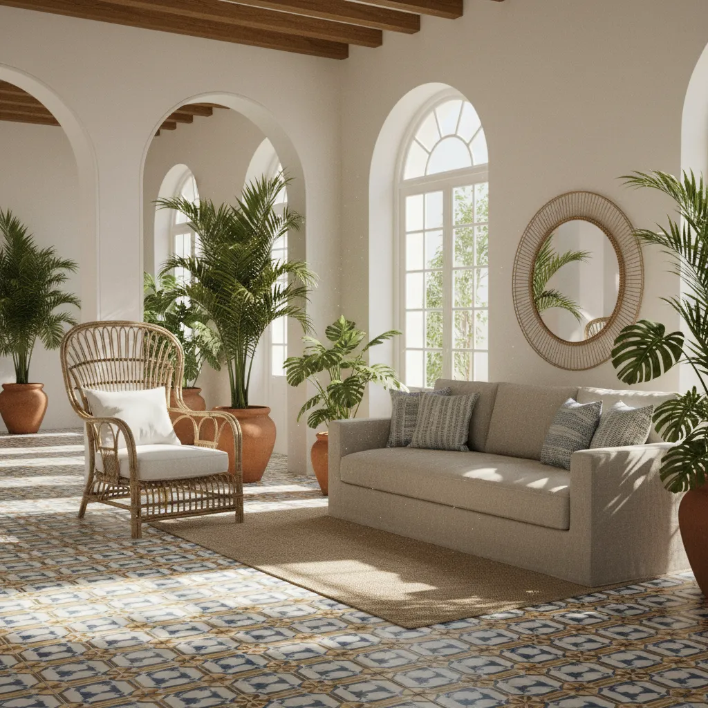 Interior combining Cuban patterned tiles with tropical rattan furniture and plants