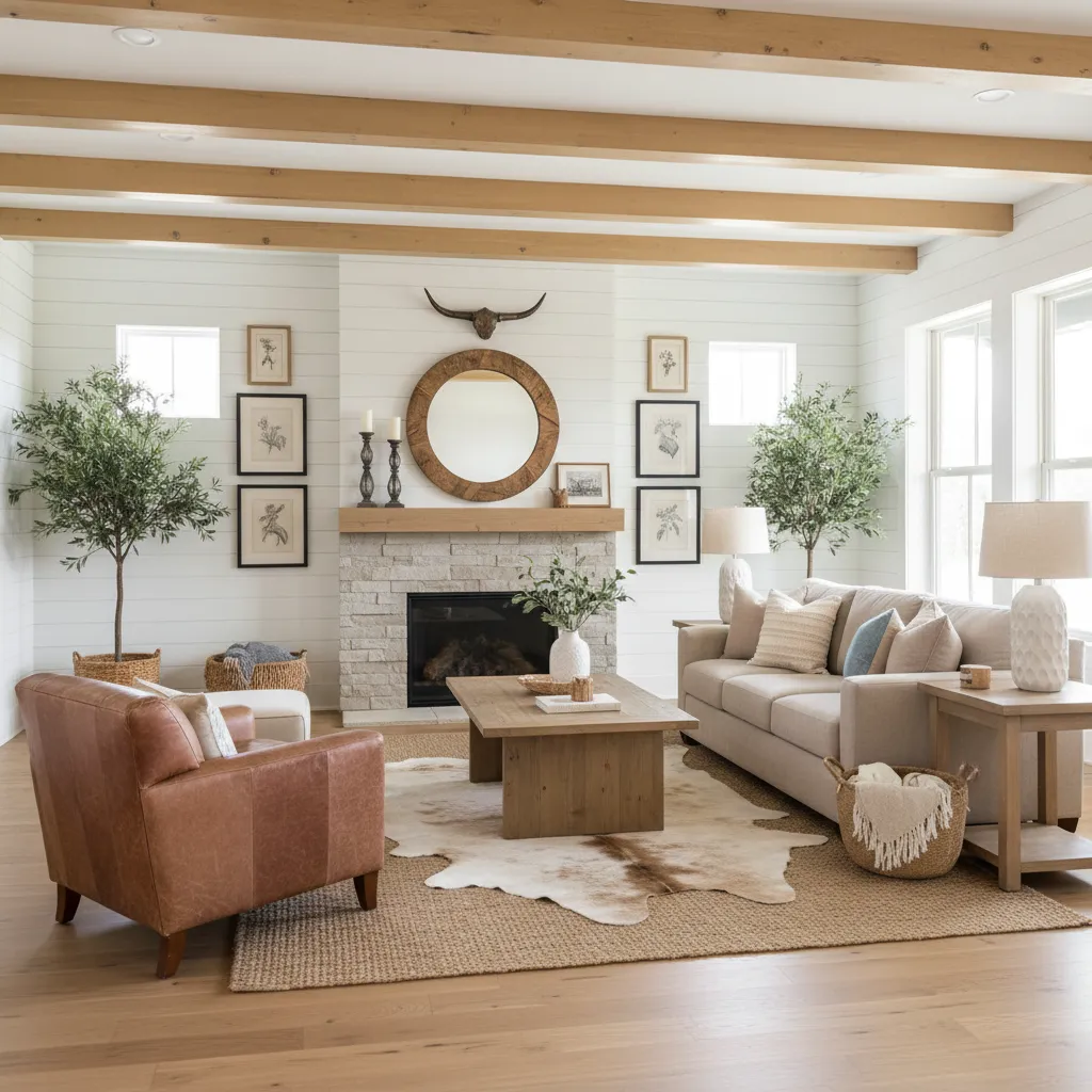 Modern rustic interior blending farmhouse white walls with Western leather furniture