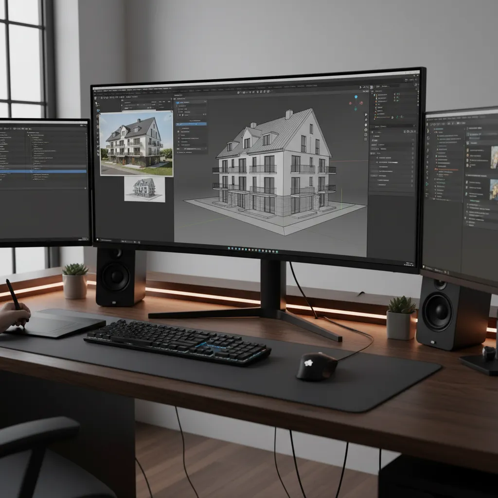 3D artist modeling an object in Blender using a 2D reference image