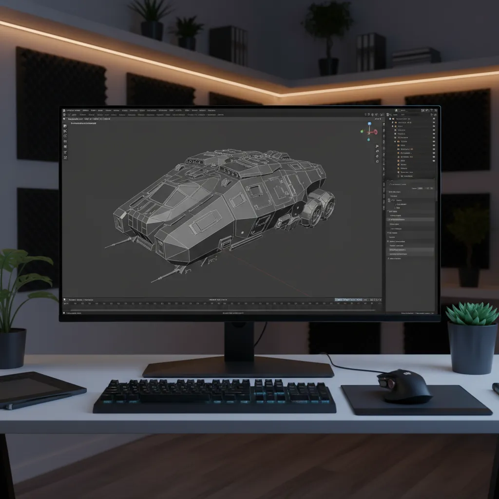 Blender style 3D modeling interface with complex geometry and shading preview