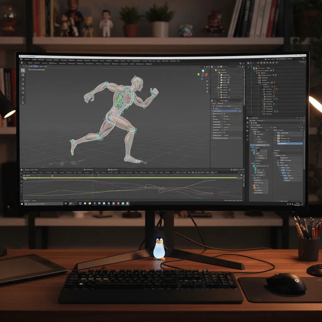 Blender animation workflow interface on Linux with character rig and timeline