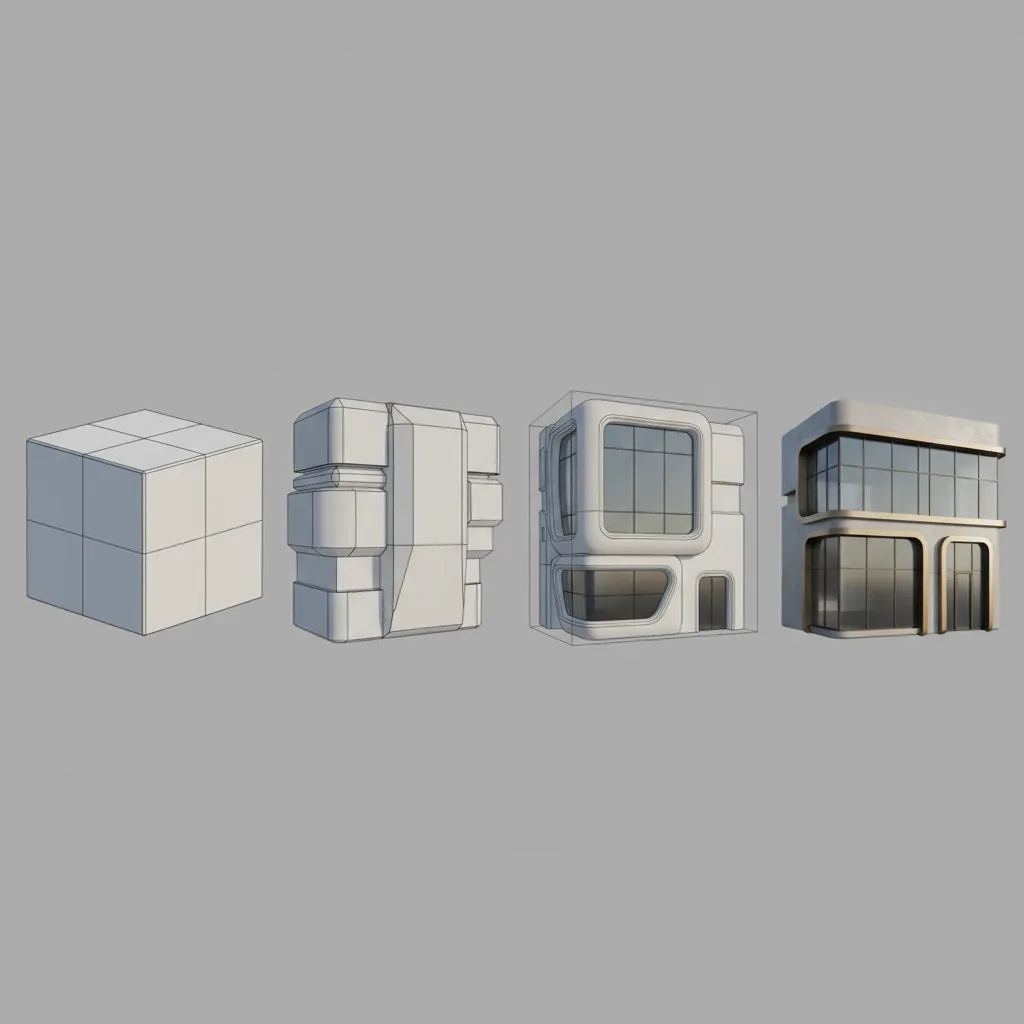 Step by step Blender modeling process starting from simple cube to refined object