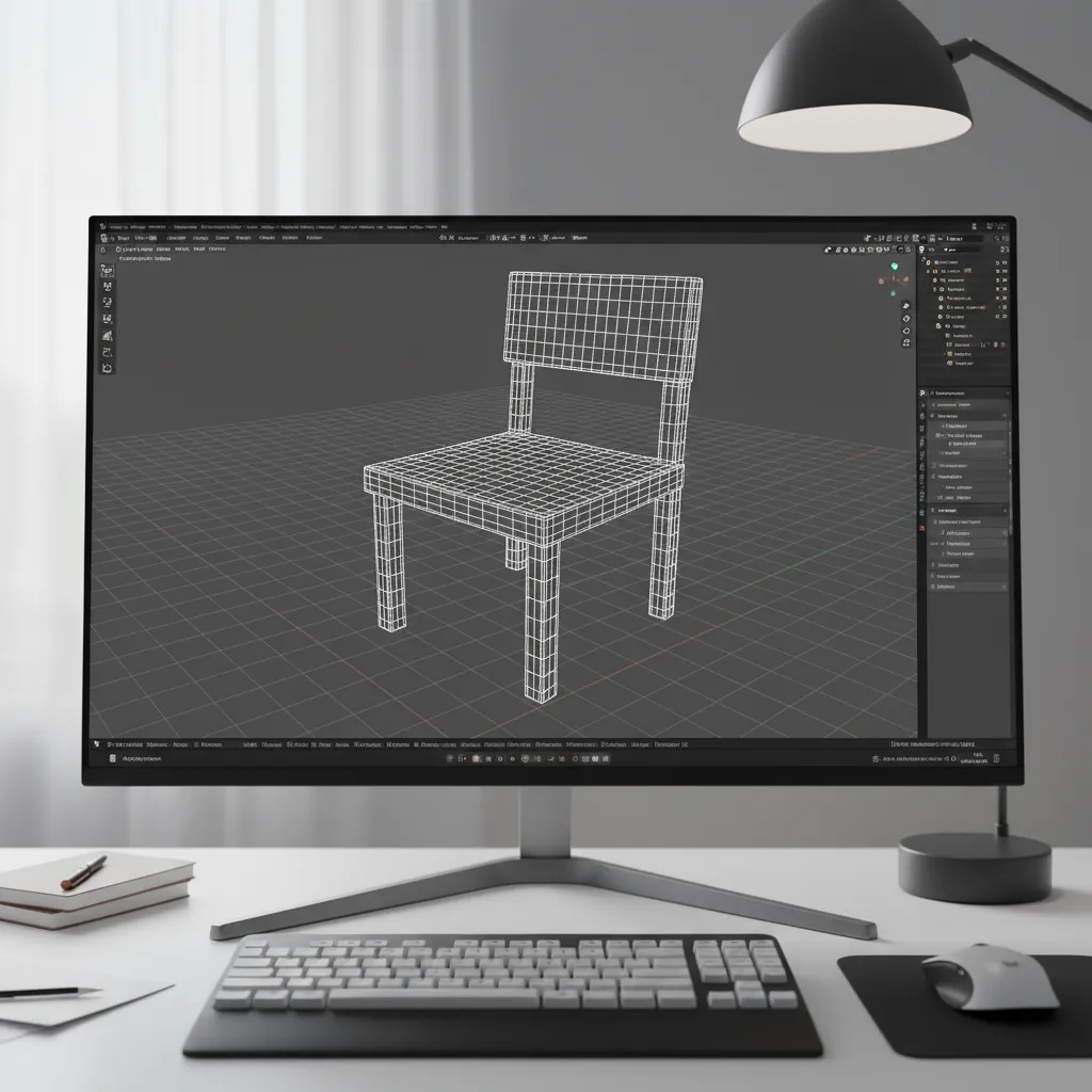 Simple chair being modeled in Blender edit mode with visible mesh edges