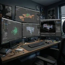 Professional office workspace with four monitors showing interior design drawing on a dark wooden desk