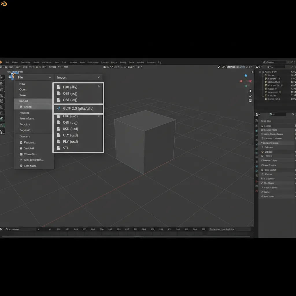 Blender interface showing file import menu for 3D model formats