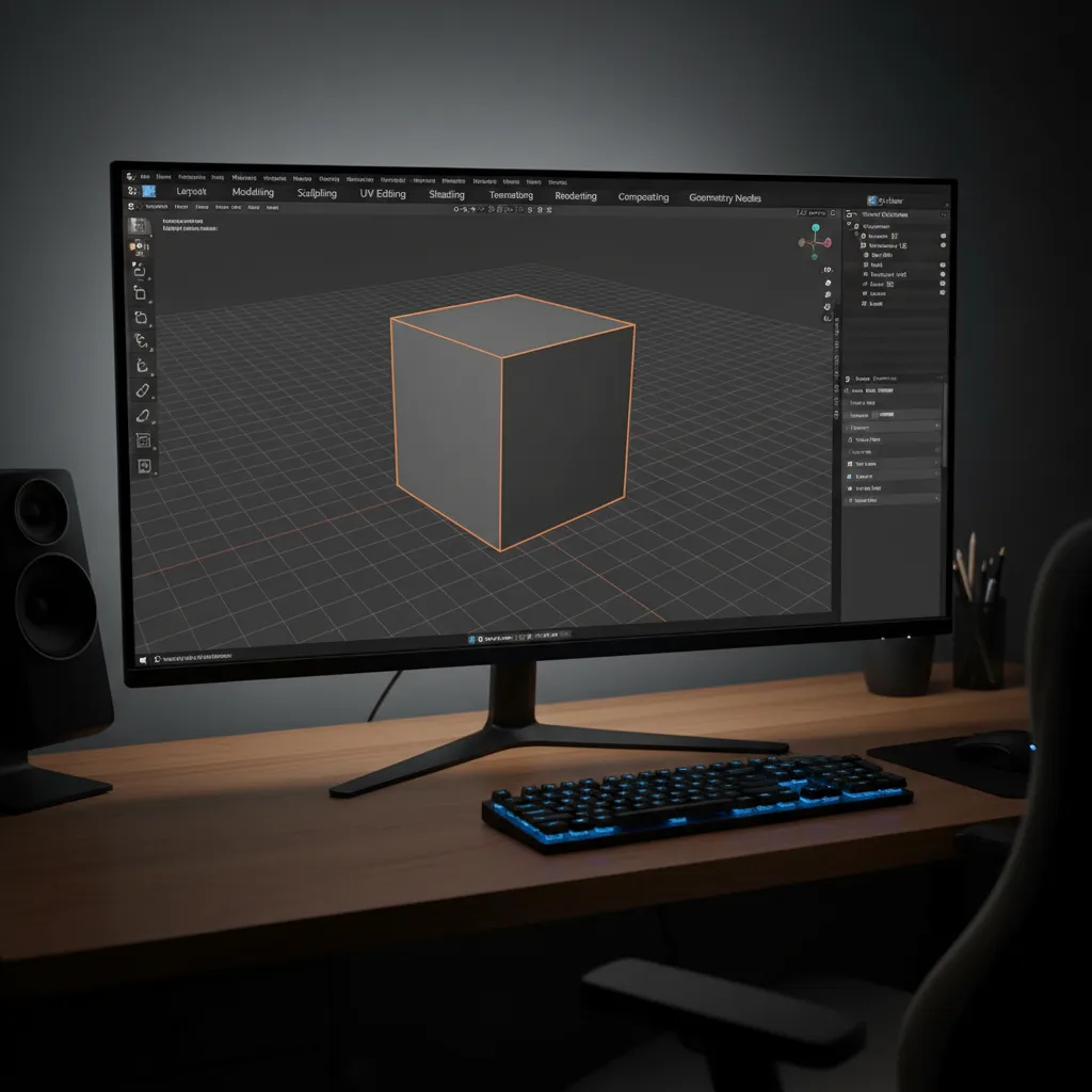 Blender interface showing cube primitive ready for editing
