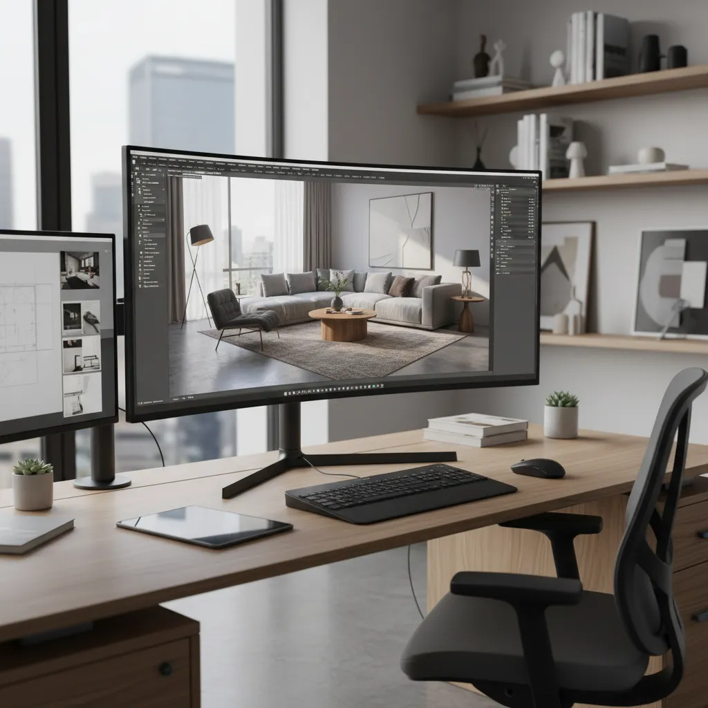Wide computer monitor on a wooden desk showing an interior design drawing of a living room