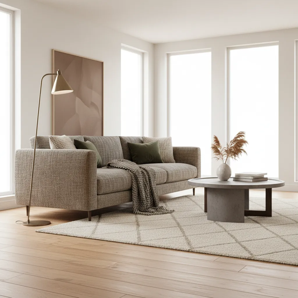 Render interior con materiales realistas de madera, tela y metal