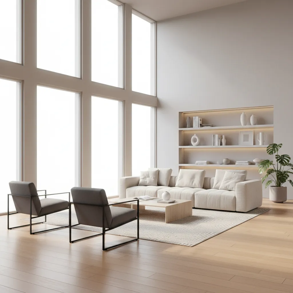 Modern living room with large windows, white sofa, grey chairs, wooden floor, and wall shelves