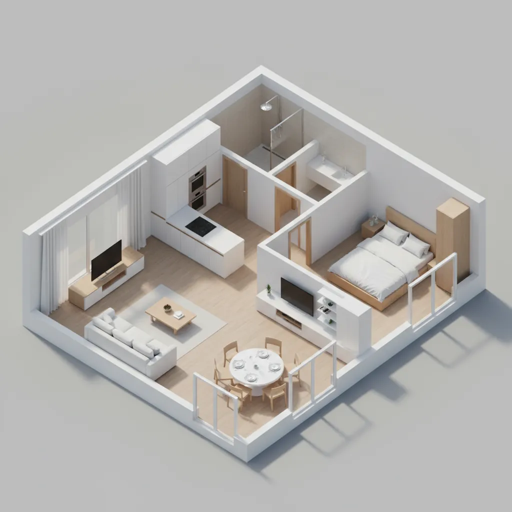 architectural isometric floor plan rendered in Blender with soft shadows