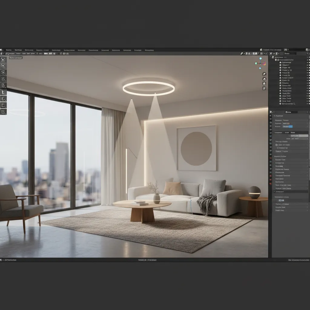 Software interface showing modern living room with white sofa, round ceiling light, and wooden table