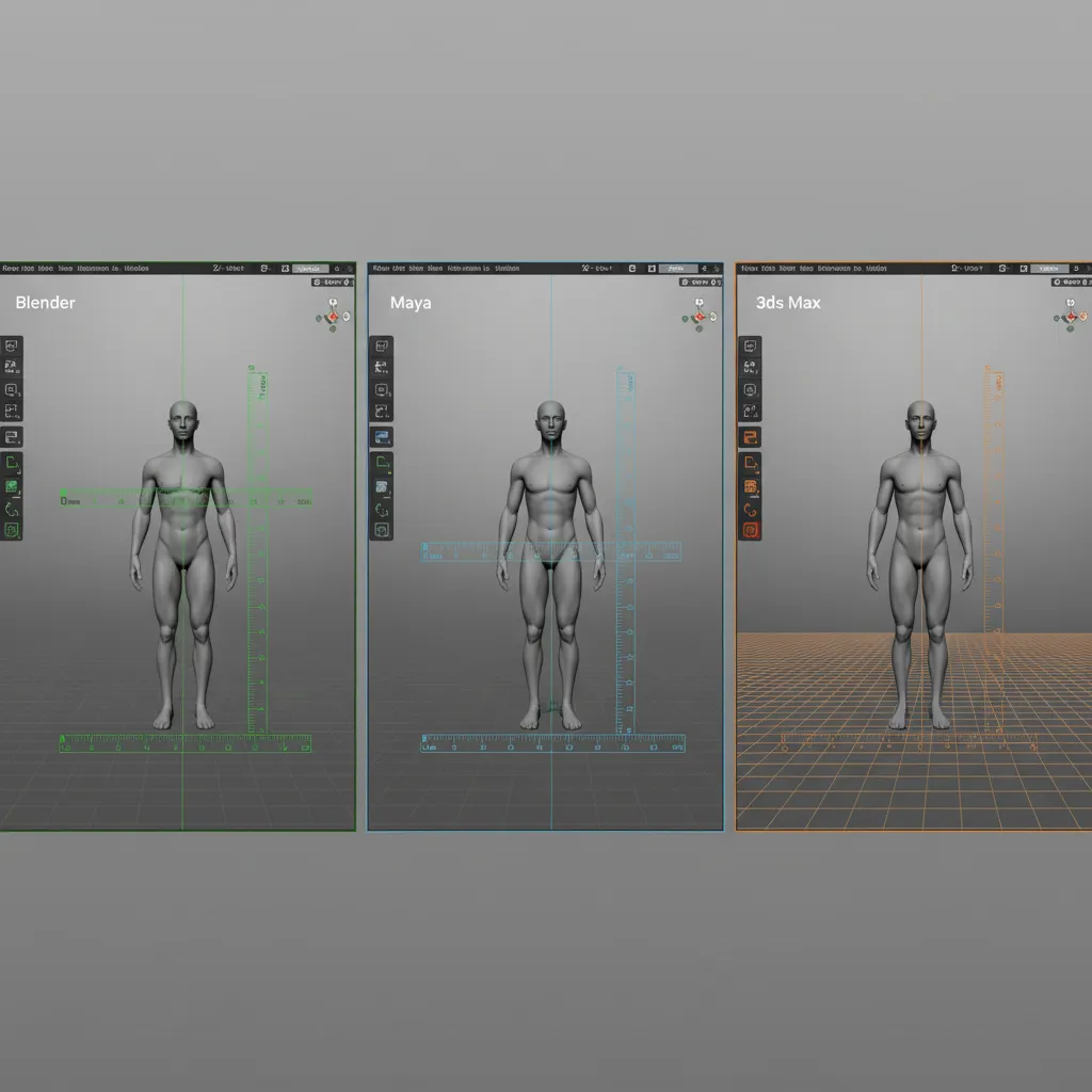 visual comparison of human model scale in Blender Maya and 3ds Max unit systems
