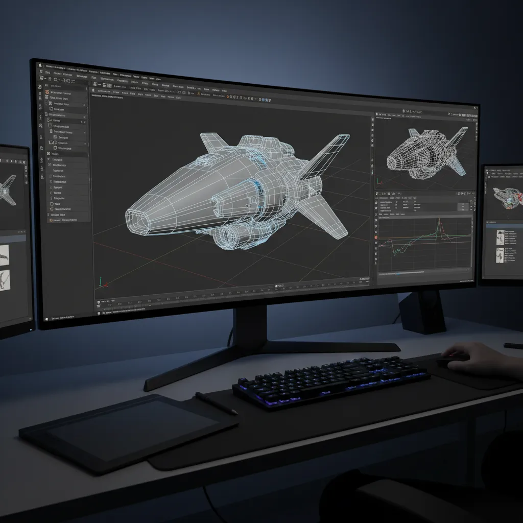 Complex 3D modeling interface similar to Blender showing polygon mesh editing