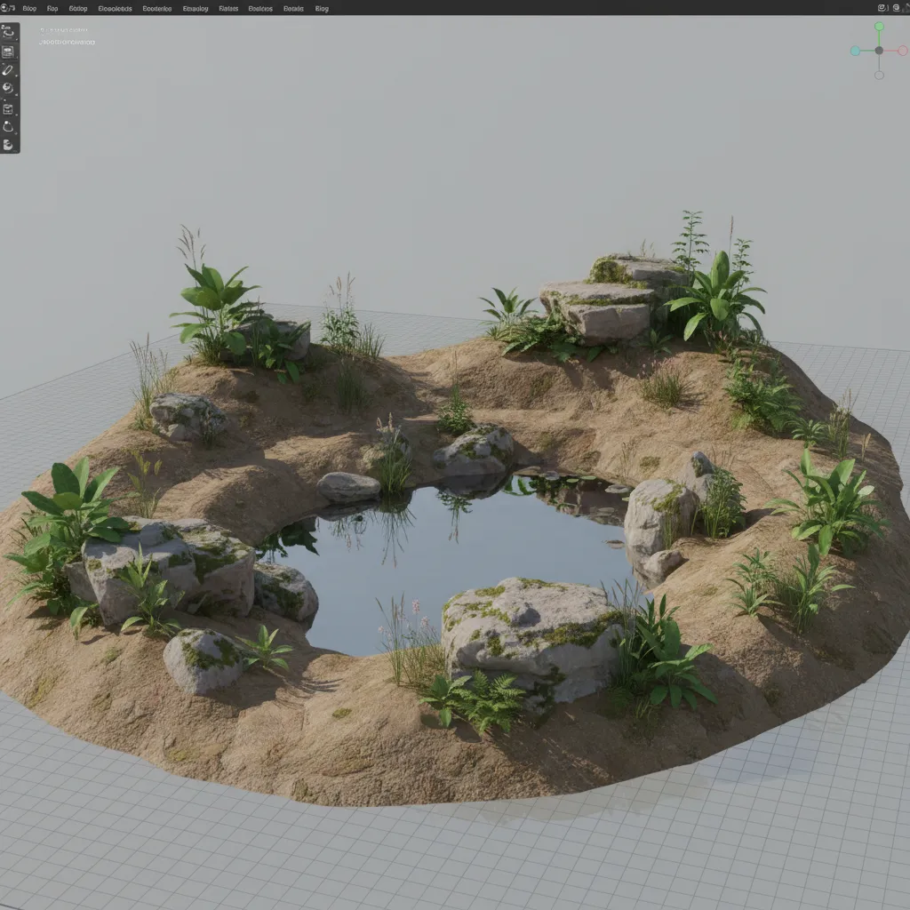 Blender interface showing terrain sculpting and pond water surface in a natural environment scene